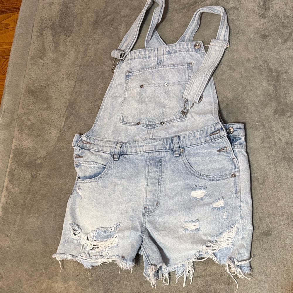 Free People Light Blue Distressed Denim Overalls